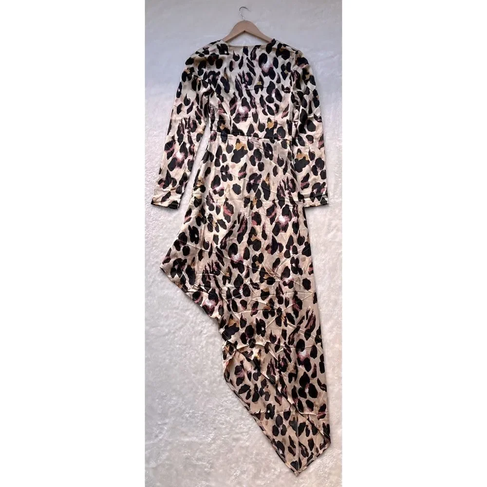 NWT PRETTYLITTLETHING Leopard Asymmetric Hem Long Sleeve Plunge Satin Maxi Dress